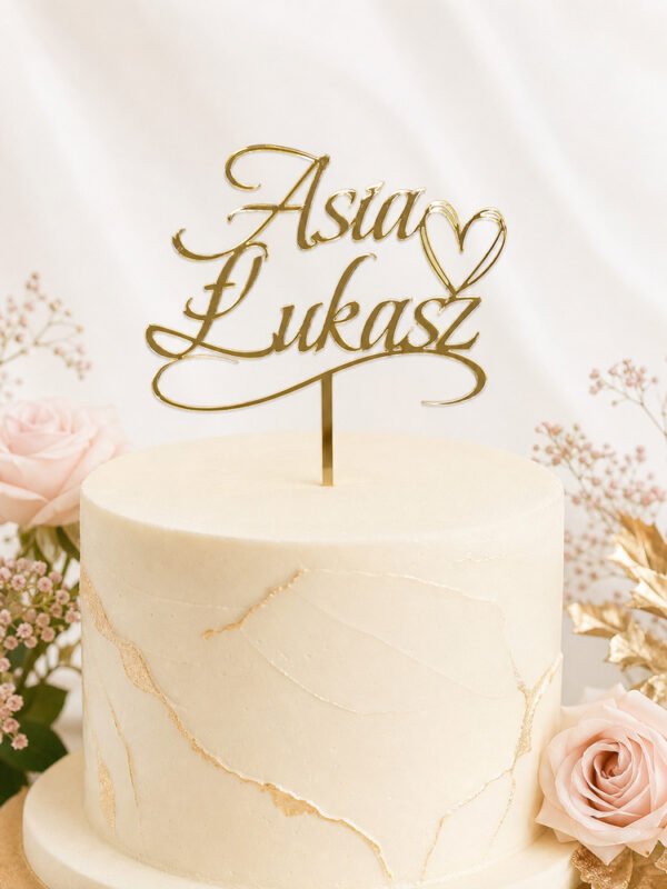 Topper ślubny Asia i Łukasz z Sercami i zawijasem