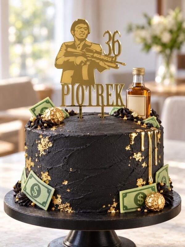 Personalizowany topper urodzinowy z motywem filmowym i grawerem – wzór Piotrek